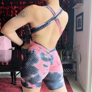 Super Flattering Stretch Pink and Black Tie-Dye Crisscross Back Workout Romper